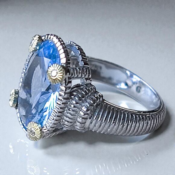 Judith Ripka 925 Silver Blue Quartz Diamond Ring 18k Gold Accent Cocktail - Picture 7 of 8